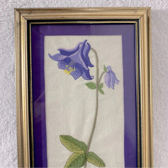 Vintage Handmade Framed Blue Embroidered Flower  Fibre Art Wall Art - Picture 3 of 10